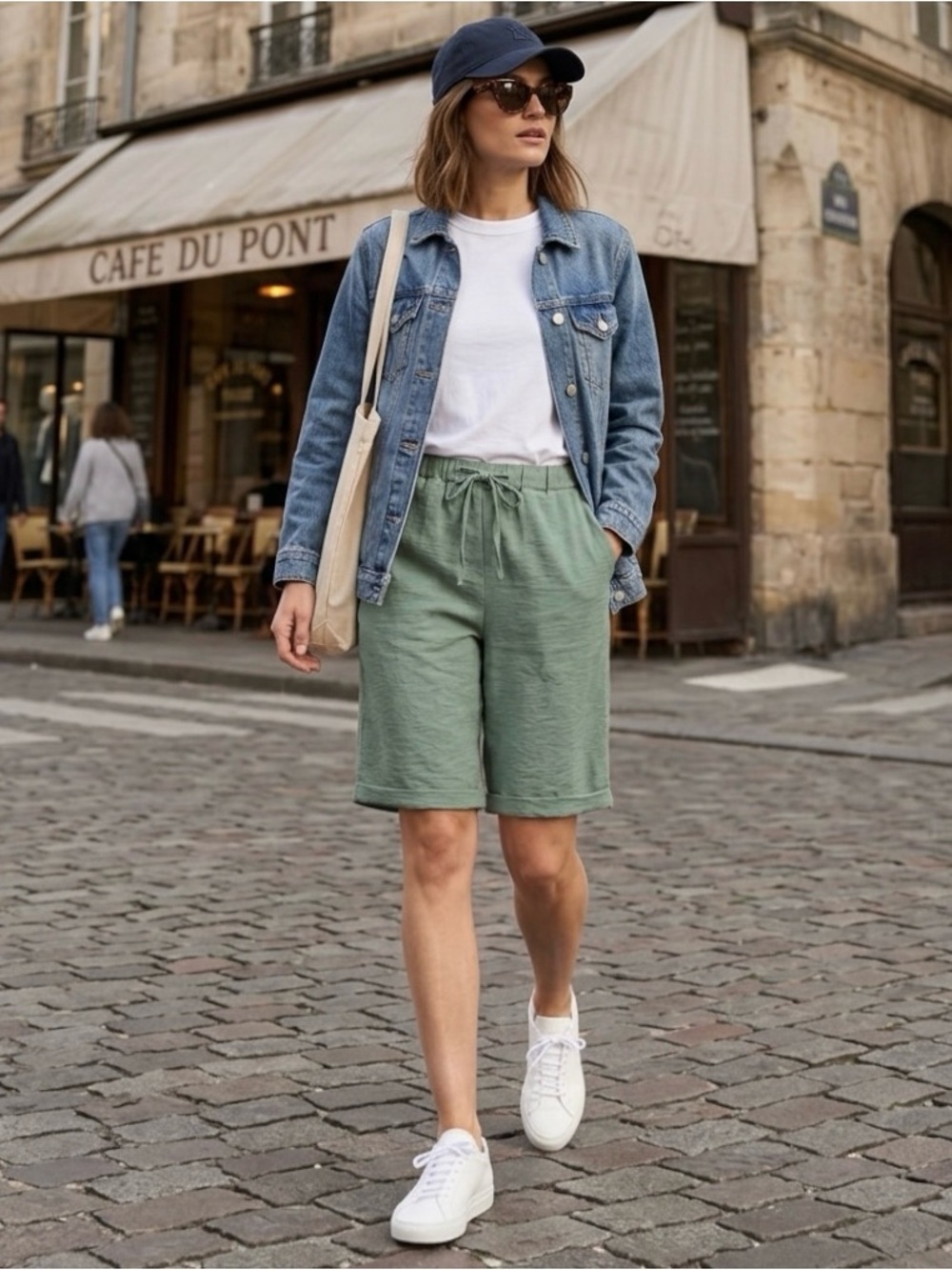 High-Rise Drawstring Women’s Bermuda Shorts in Sage Green S Pockets Cuffed
